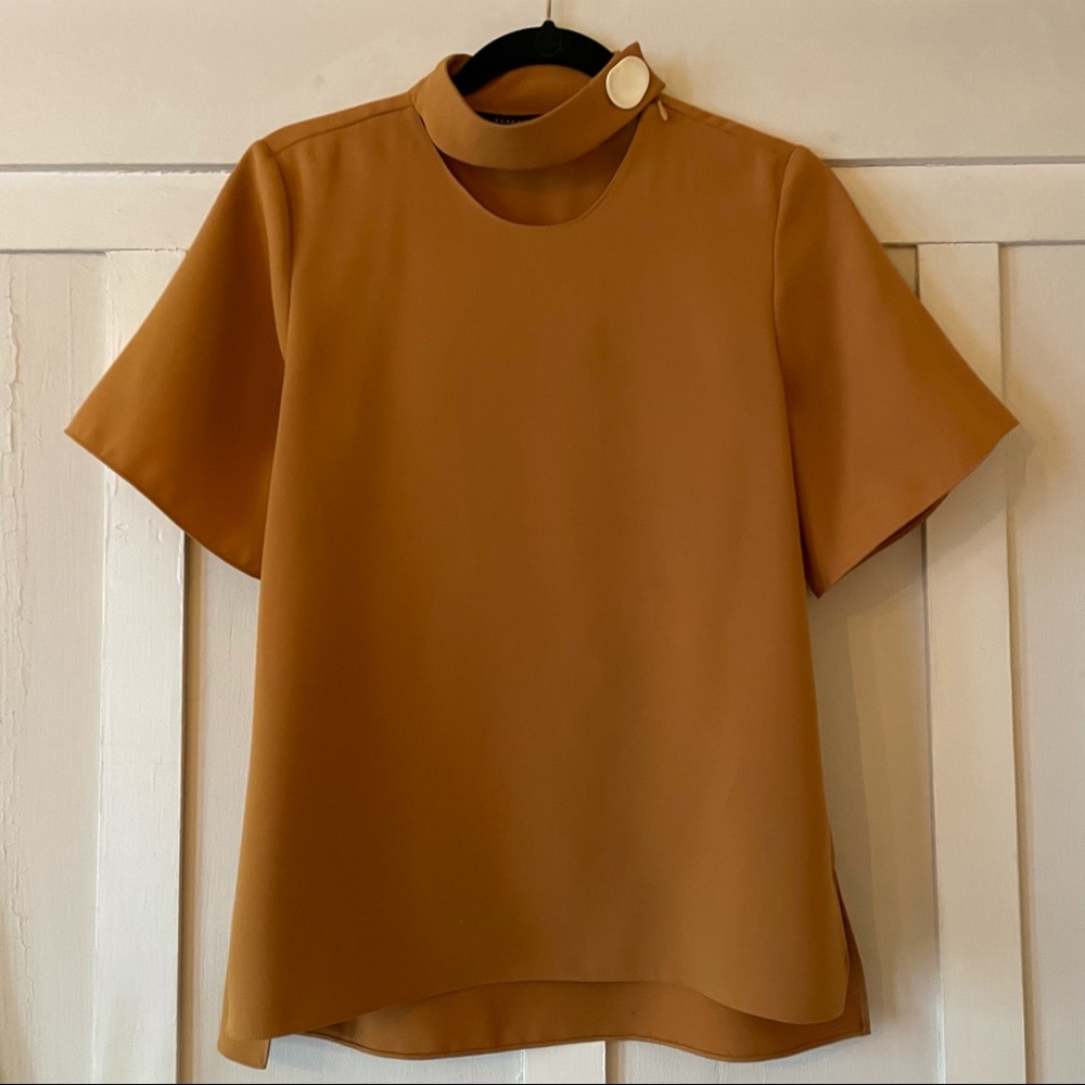 Zara golden top with high neck and cream button accent size M
